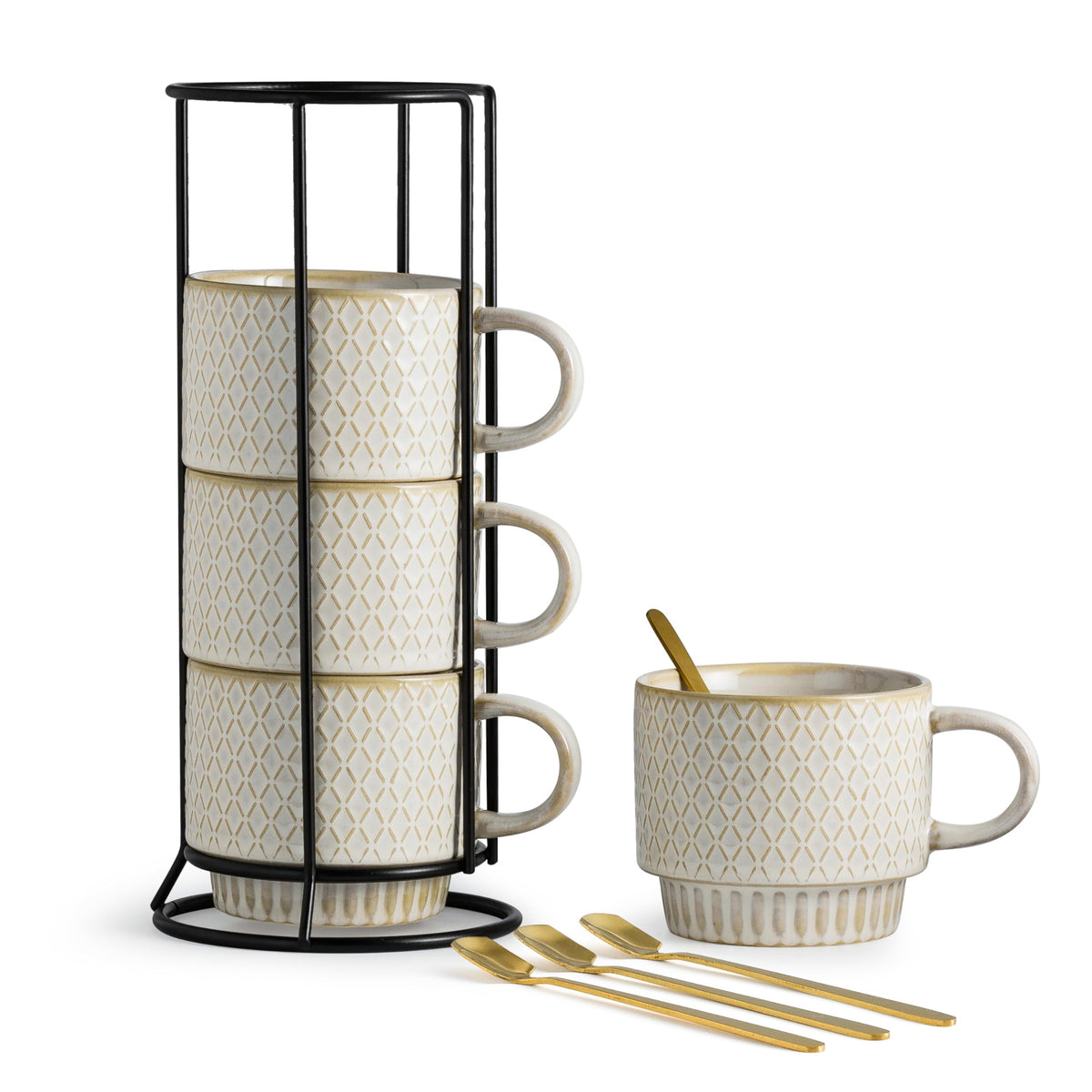LYEOBOH stackable mugs with stand for space-saving storage.