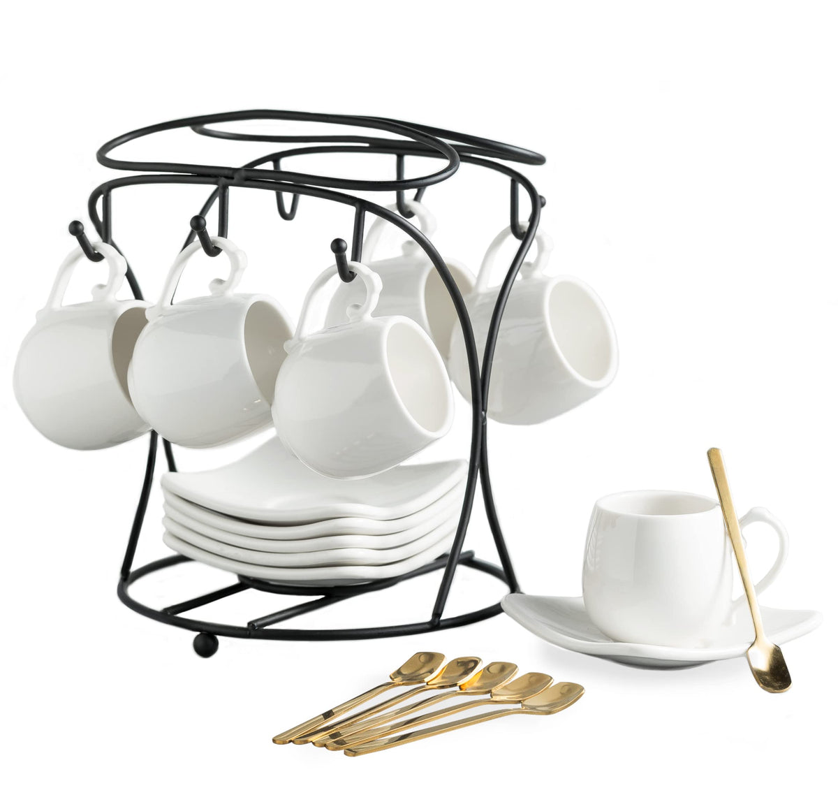 LYEOBOH espresso cups with saucers set shown in a neat, modern kitchen.