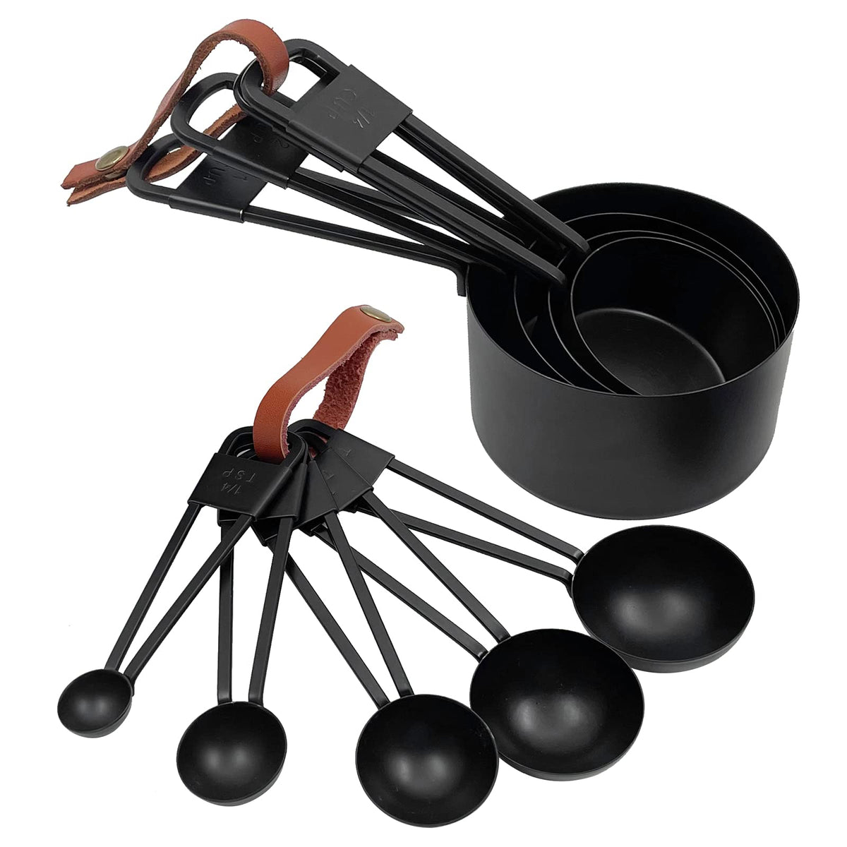 LYFJXX black stainless-steel measuring cups set nested for compact storage and durability.