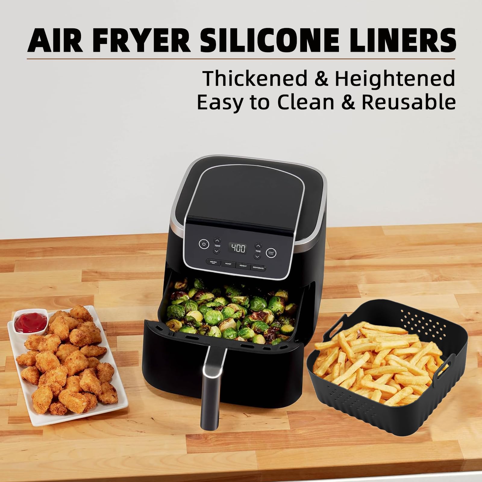 LYHOLKEER non-stick, easy-clean liner for air fryers—dishwasher-safe for quick cleanup.