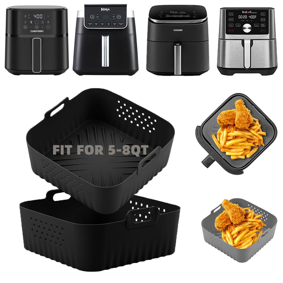 LYHOLKEER silicone air fryer liner close-up showing heat resistance and easy cleanup.