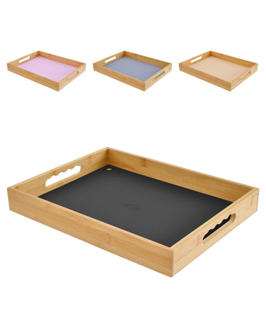 LYNG bamboo serving tray with removable silicone mat provides a non-slip surface for secure serving.