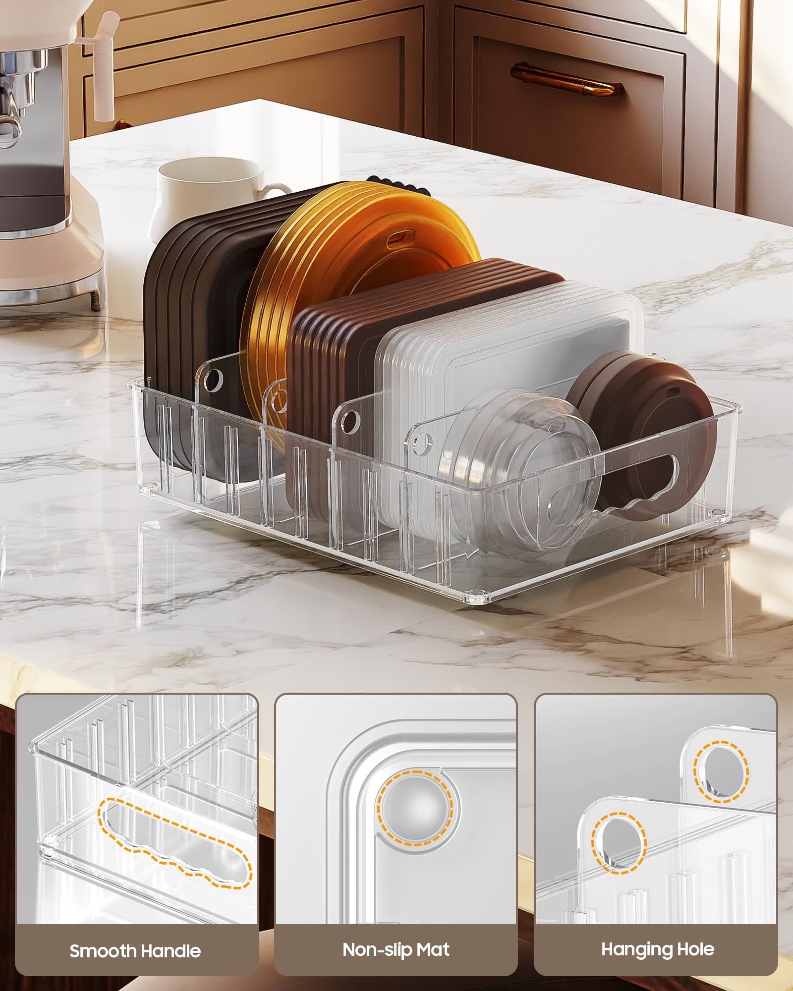 LYNG lid organizer shows 9 slots for assorted container lids.