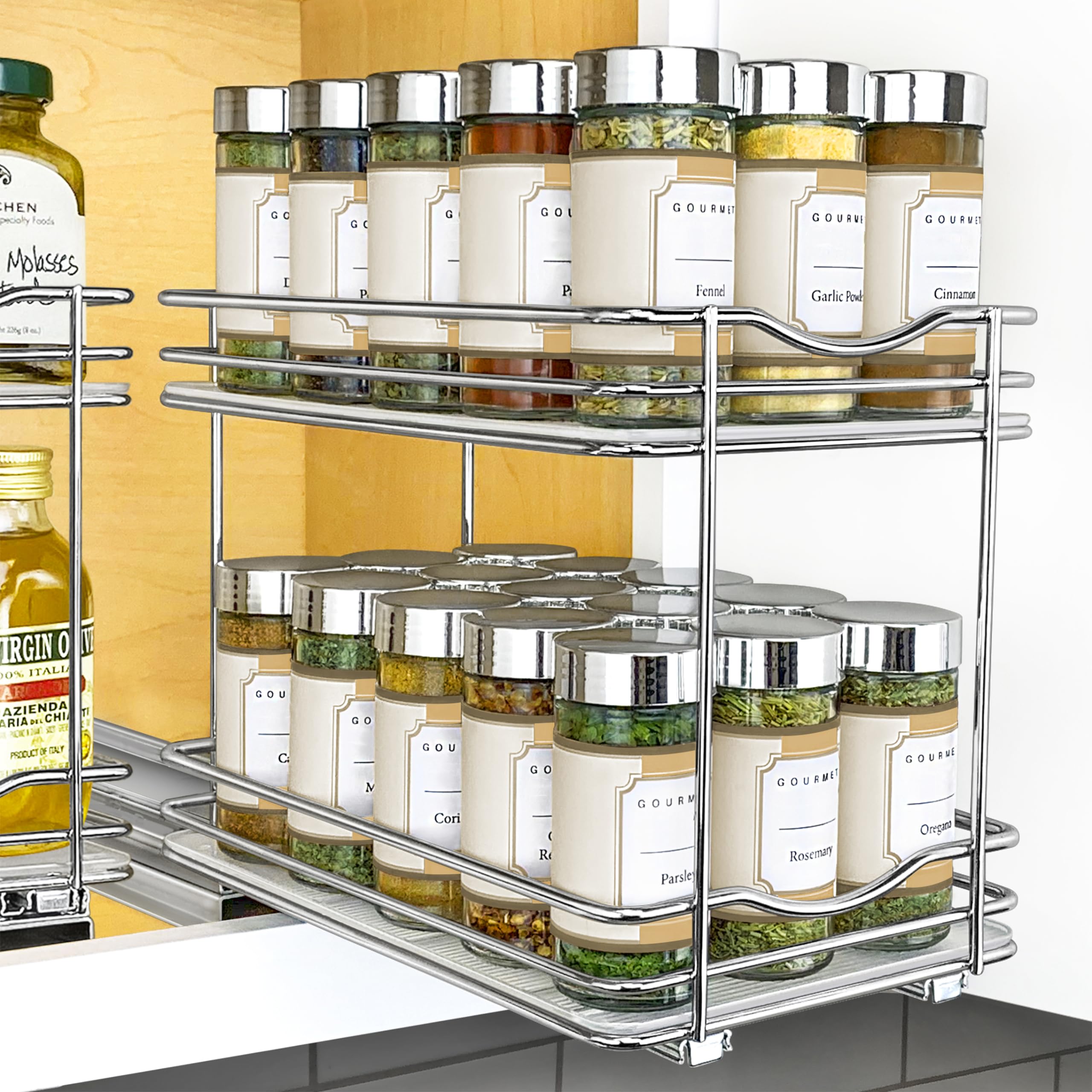 All in one spice organizer maximizes cabinet space.