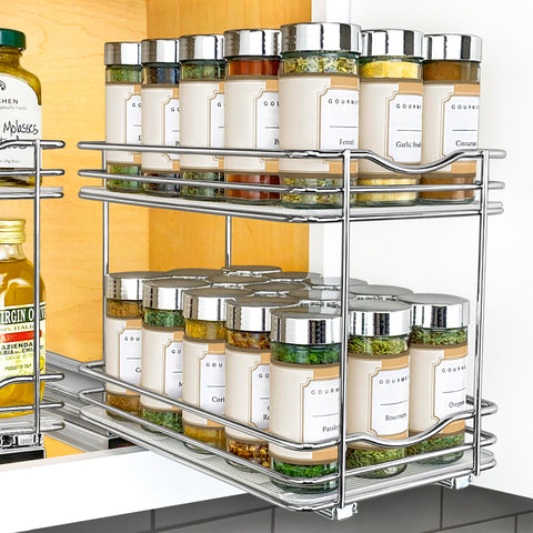 All in one spice organizer maximizes cabinet space.