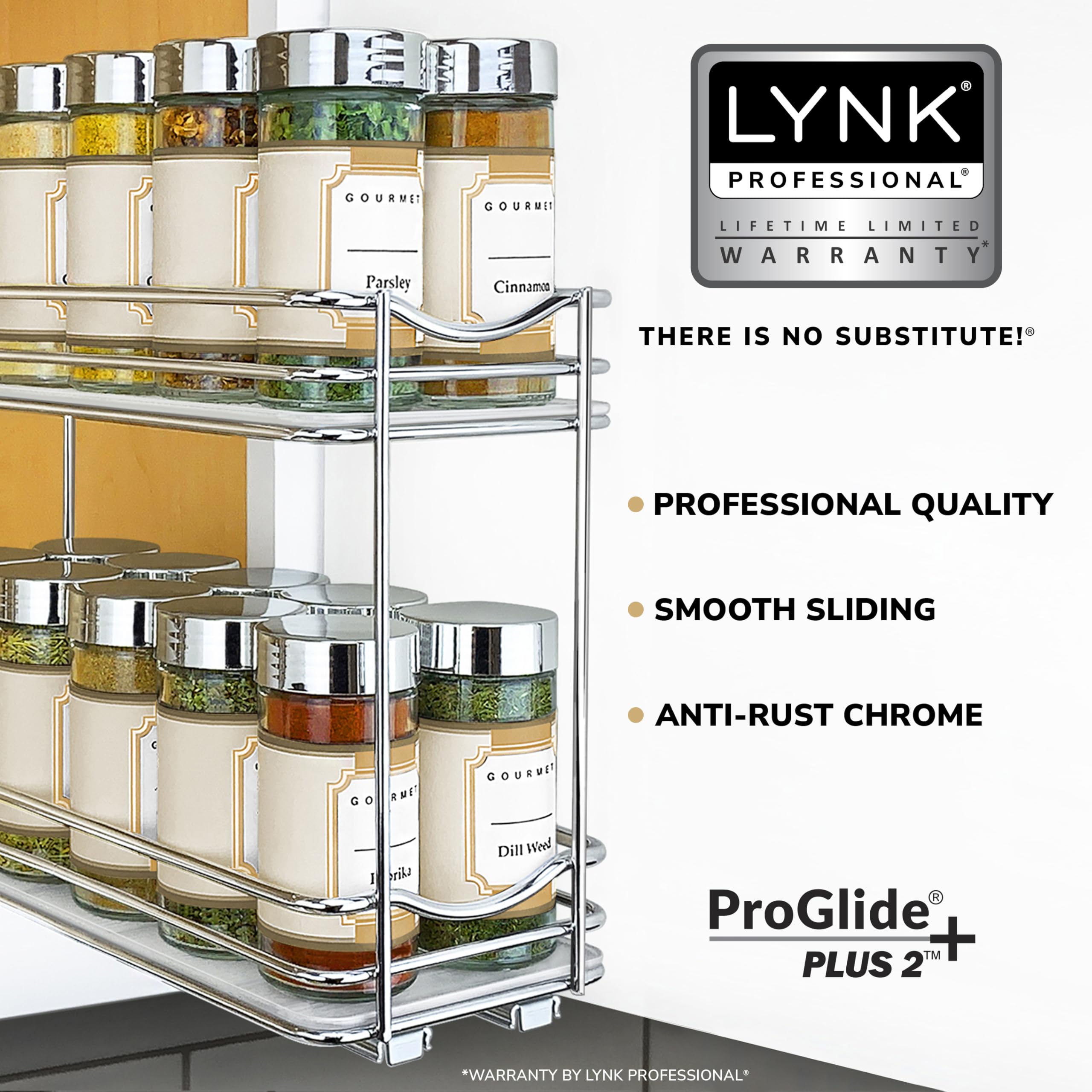 LYNK PROFESSIONAL pull-out spice rack extended drawer demonstrates smooth glide for easy reach