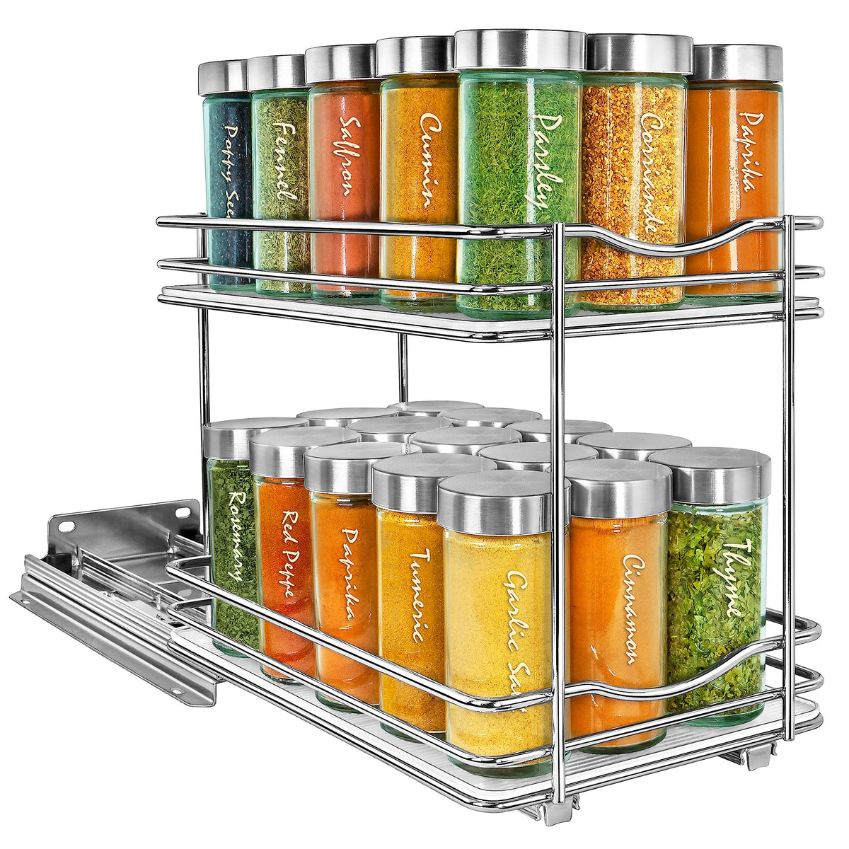 LYNK PROFESSIONAL pull-out spice rack front view enables quick access to spices.