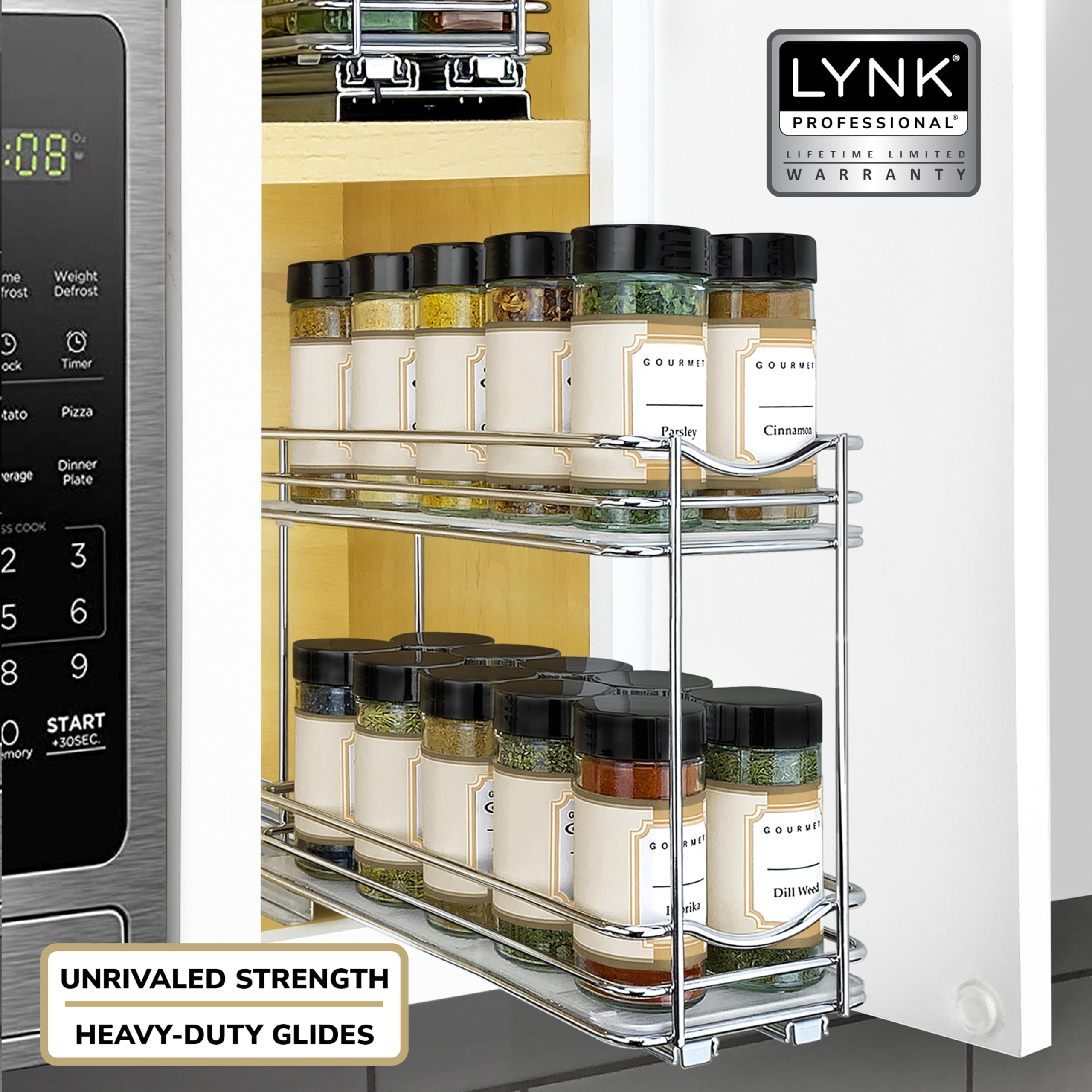 LYNK PROFESSIONAL pull-out spice rack heavy-duty polymer tray locks items securely and contains spills