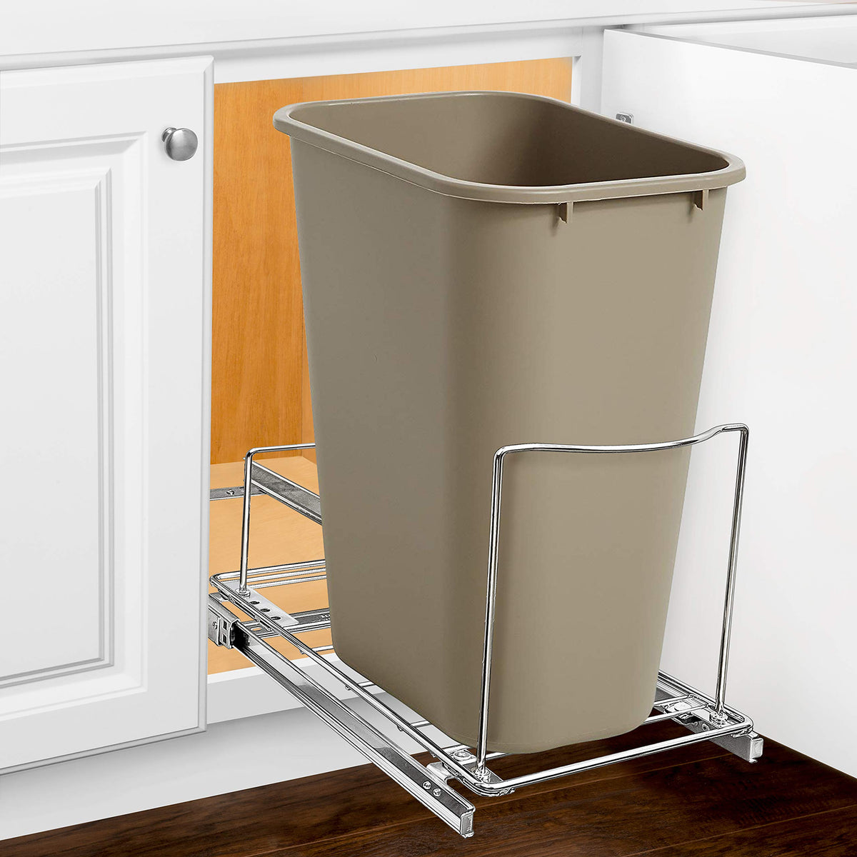 LYNK PROFESSIONAL pull-out drawer installation showing smooth glide in a kitchen cabinet.