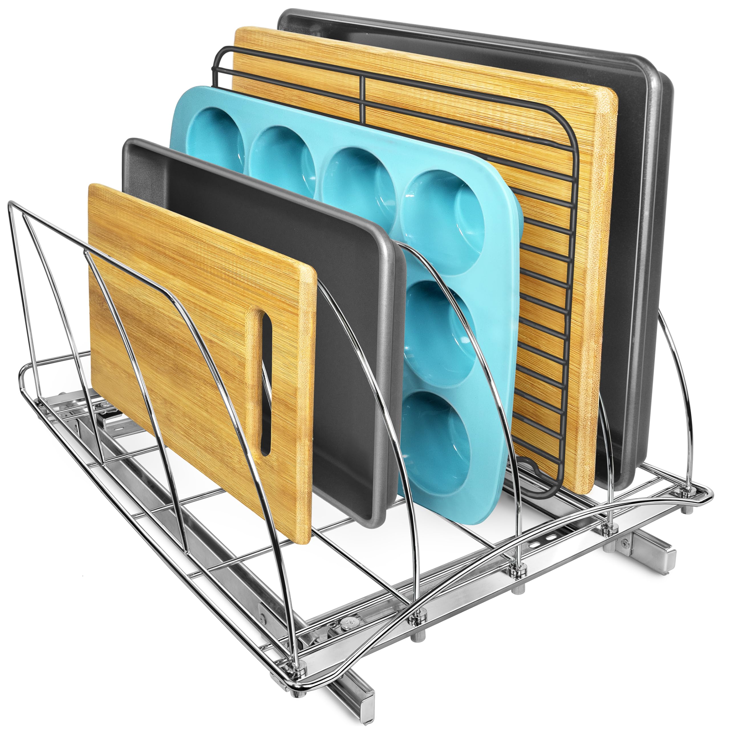 LYNK PROFESSIONAL pullout cutting board organizer keeps kitchen surfaces tidy.