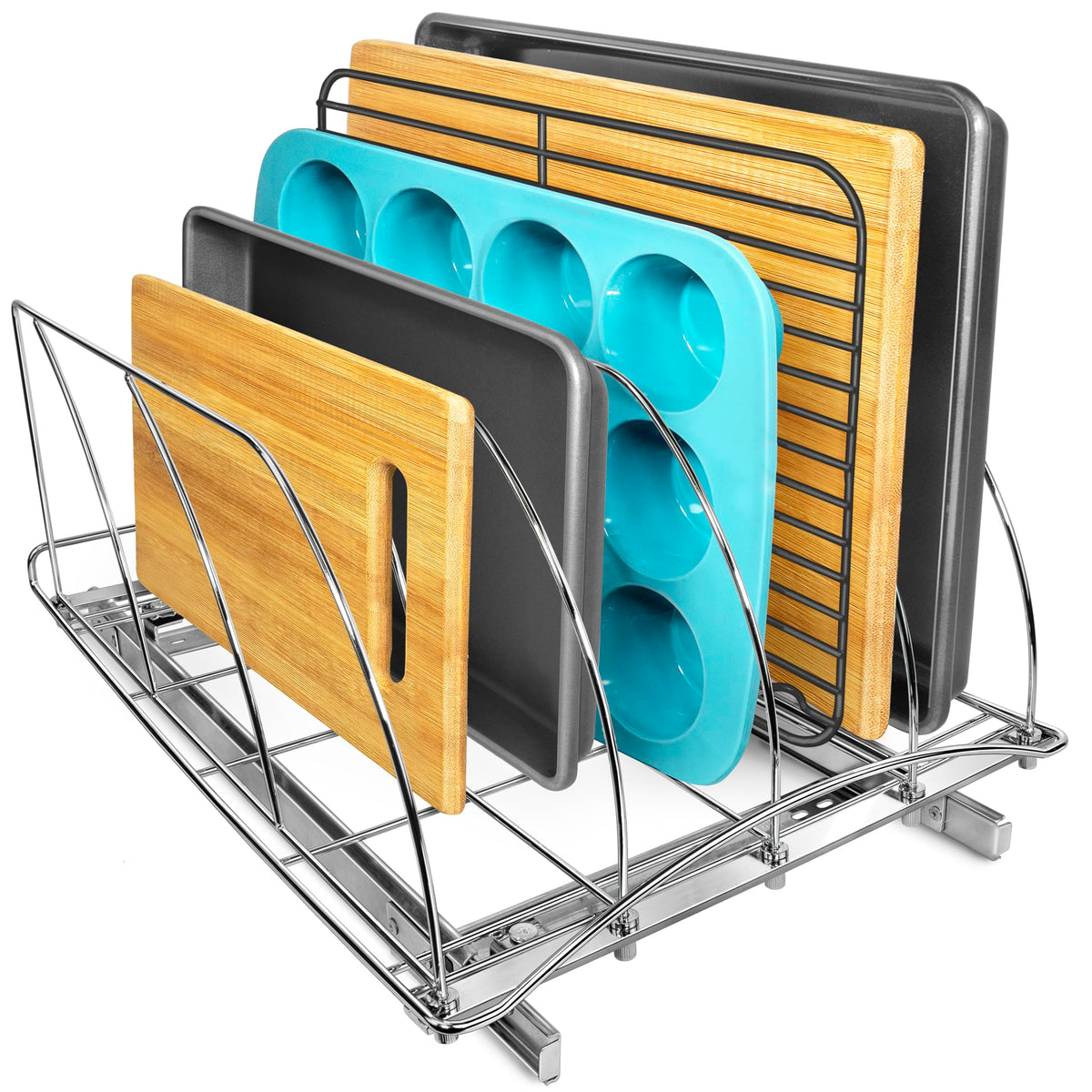 LYNK PROFESSIONAL pullout cutting board organizer keeps kitchen surfaces tidy.