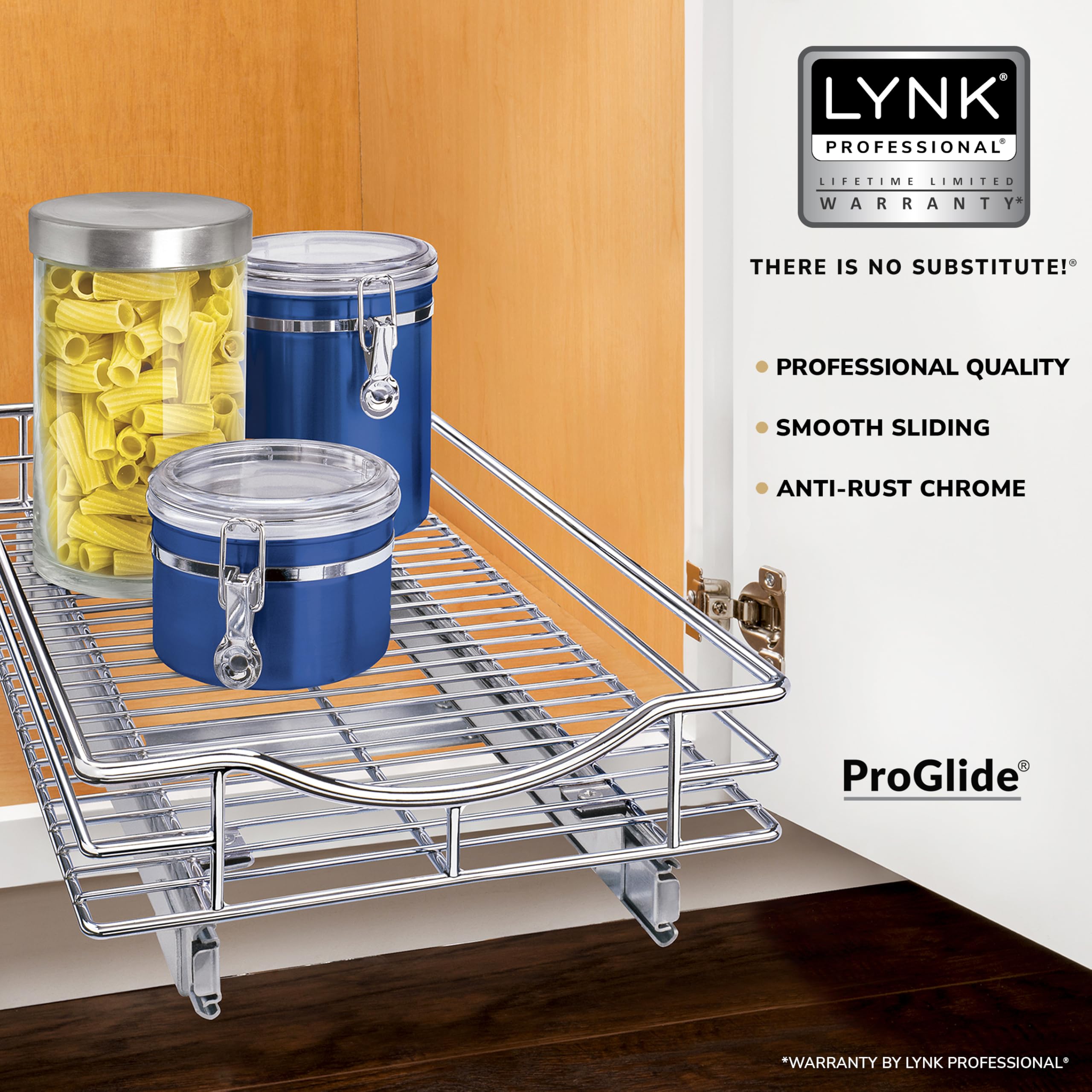 LYNK PROFESSIONAL slide-out drawer in kitchen cabinet for organized storage.