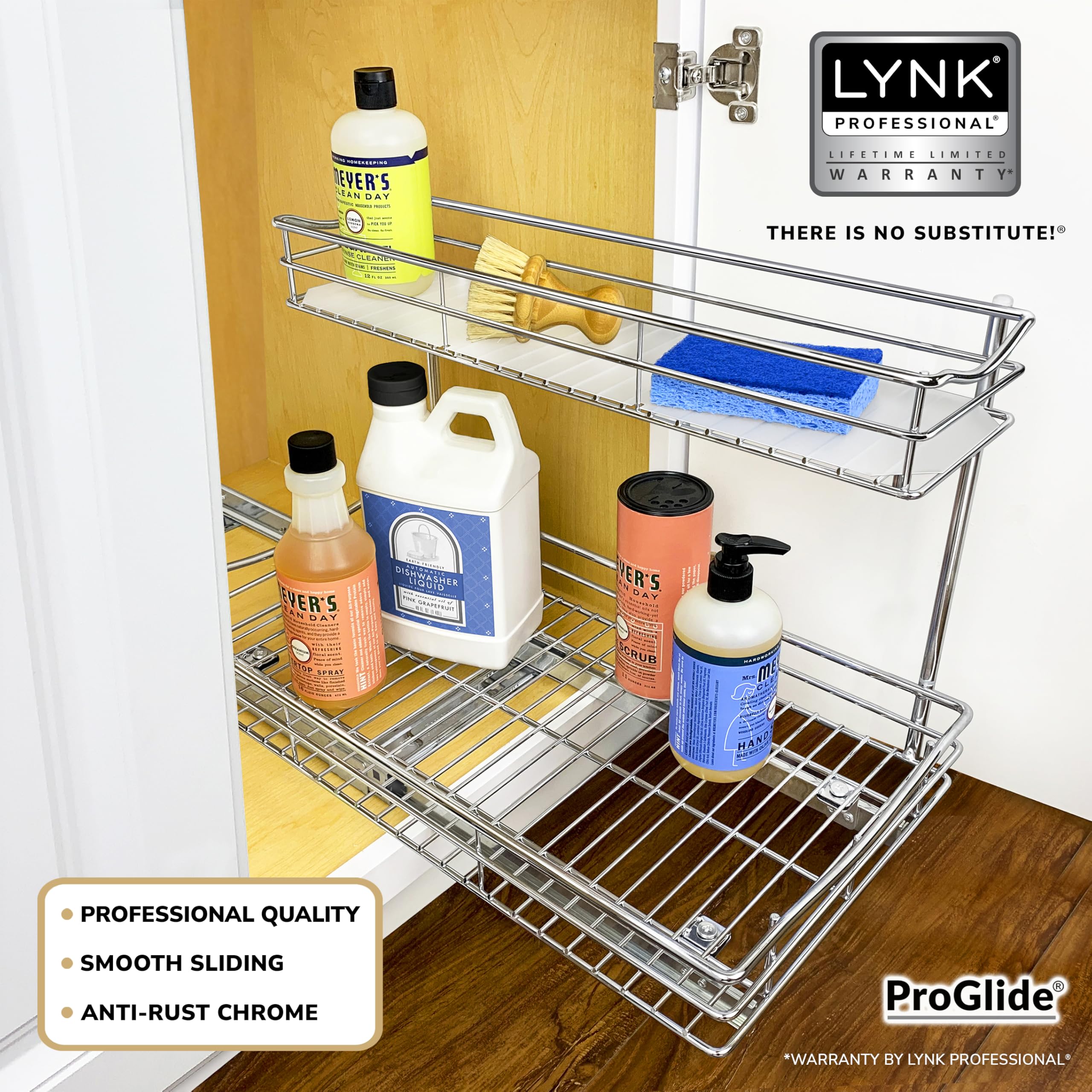 LYNK PROFESSIONAL sliding shelf organizer shown in a cabinet with bottles.