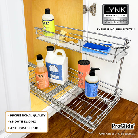 LYNK PROFESSIONAL sliding shelf organizer shown in a cabinet with bottles.