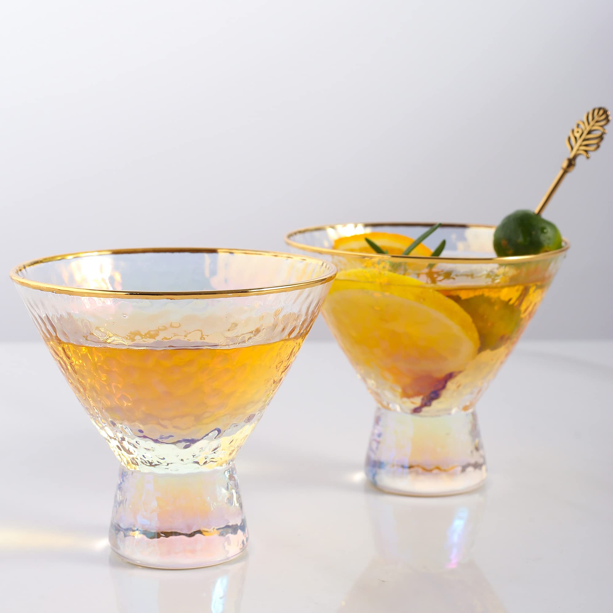 Lysenn iridescent stemless martini glasses with hammered texture for elegant hosting.