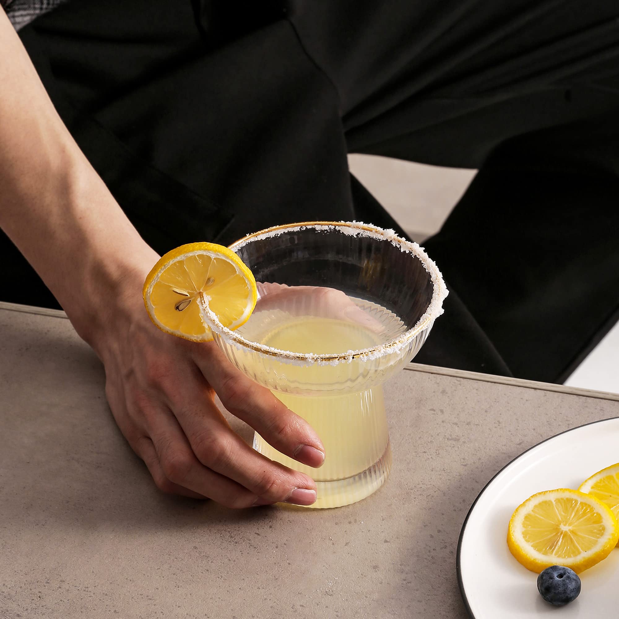 Lysenn stemless cocktail glasses with wide bowls simplify serving and cleaning.