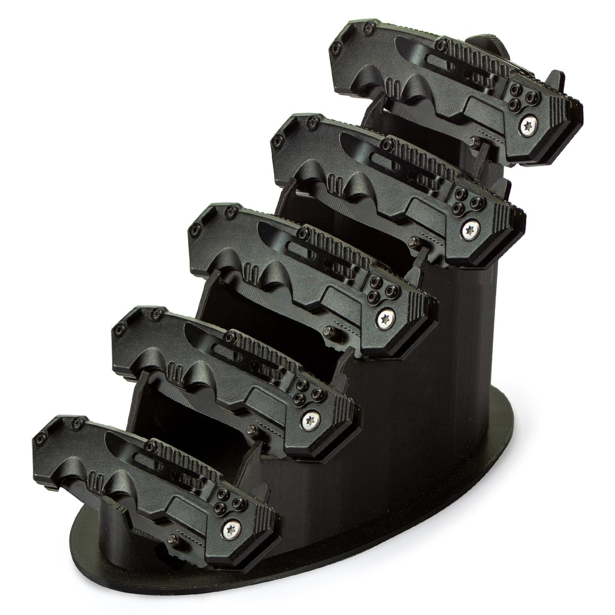 LyunZiS knife display stand front view showing an organized pocket knife collection.