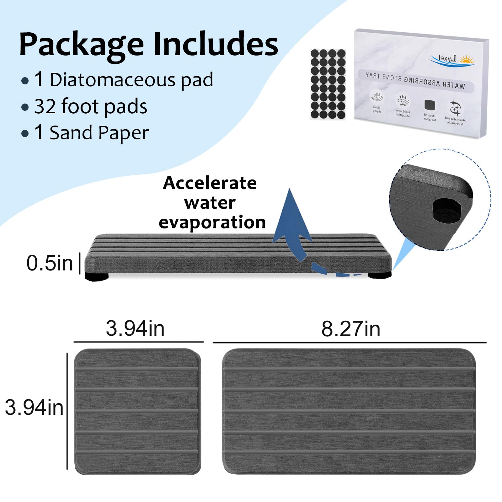 Lyxel Diatomite Tray with silicone feet reduces slips and enhances airflow under the pad.