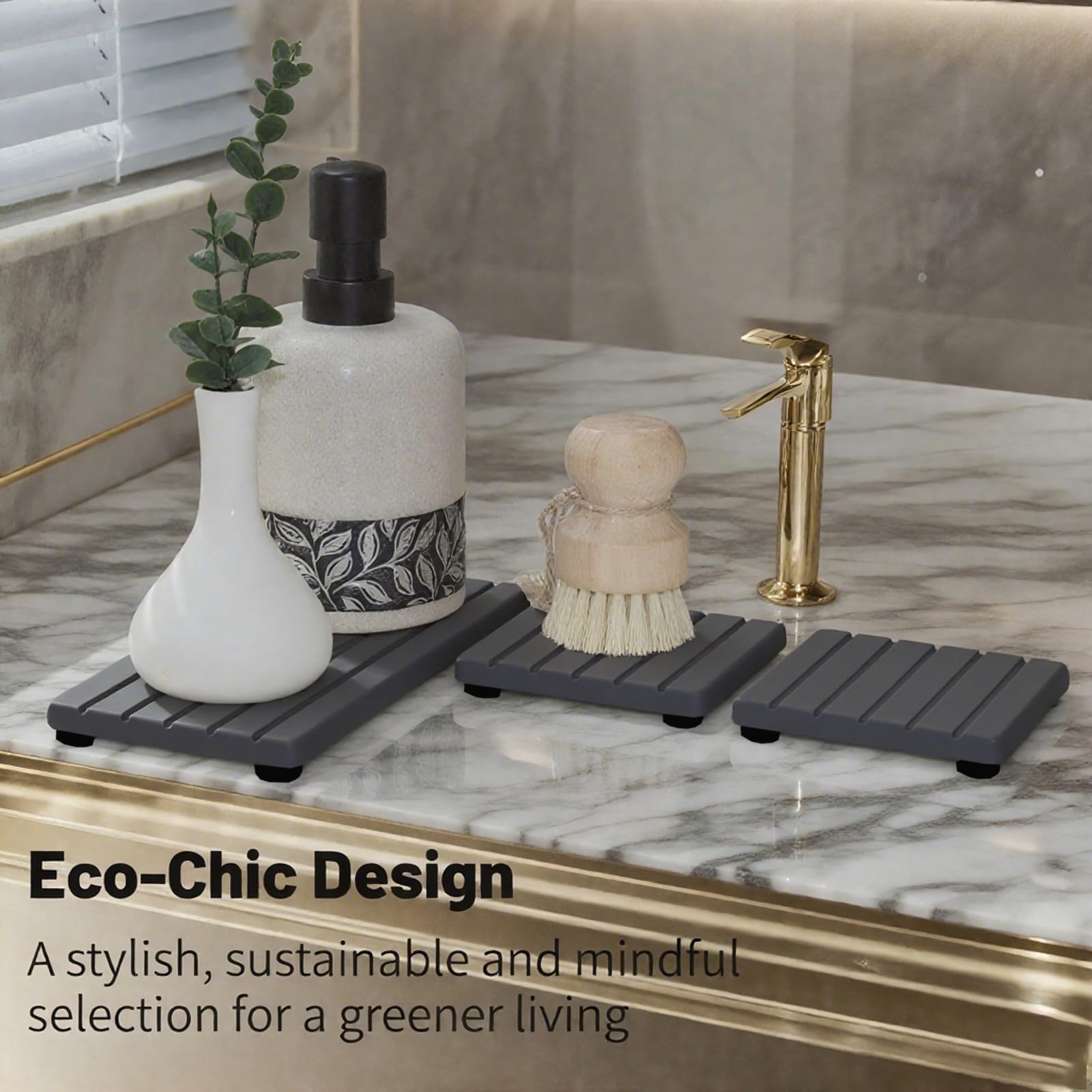 Lyxel Stone Tray keeps bathroom and kitchen counters tidy and organized.