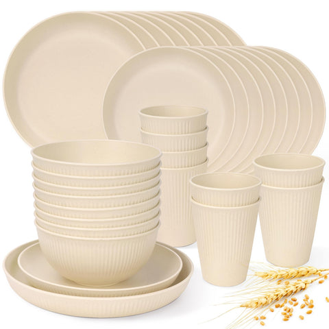 Lzerking wheat straw dinnerware with 8 dinner plates, durable and lightweight for daily meals.