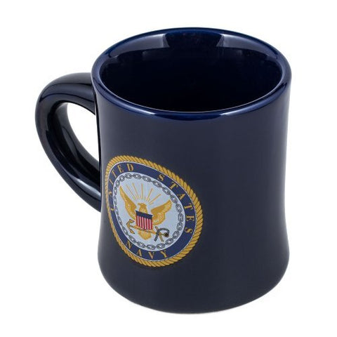 M. Cornell two-sided navy decal mug, ideal for gifting or display.
