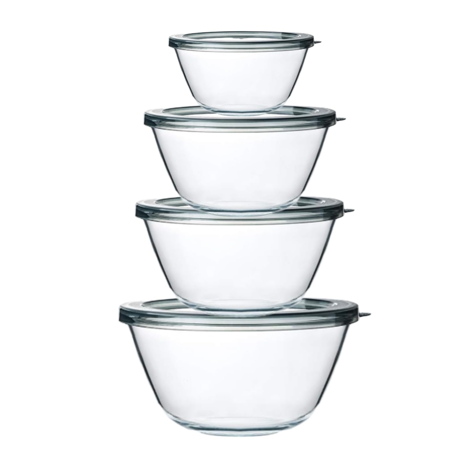 M MCIRCO glass mixing bowls stacked show space-saving design for small kitchens.