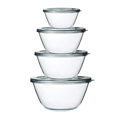 M MCIRCO glass mixing bowls stacked show space-saving design for small kitchens.