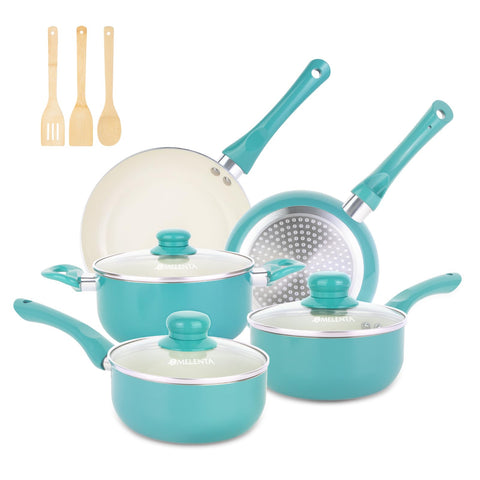 M MELENTA 11-piece turquoise nonstick ceramic cookware set for easy daily cooking.