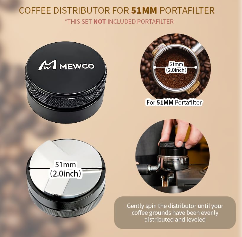 M MEWCO espresso stirrer distributes grounds evenly for smoother shots.