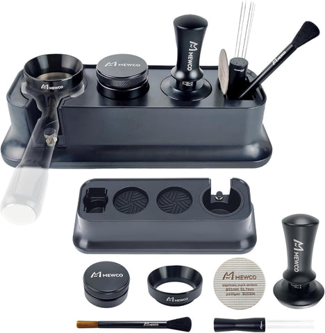 M MEWCO espresso tamper station for precise tamping and tidy counter.