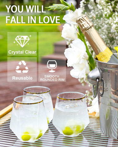 Maaacute 12-oz gold-rim disposable wine glasses for safe outdoor use.