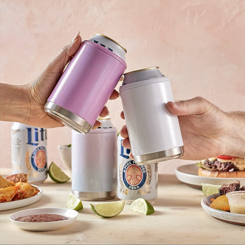 Maars Standard Can Cooler blush glitter closeup finish emphasizes durable stainless steel.