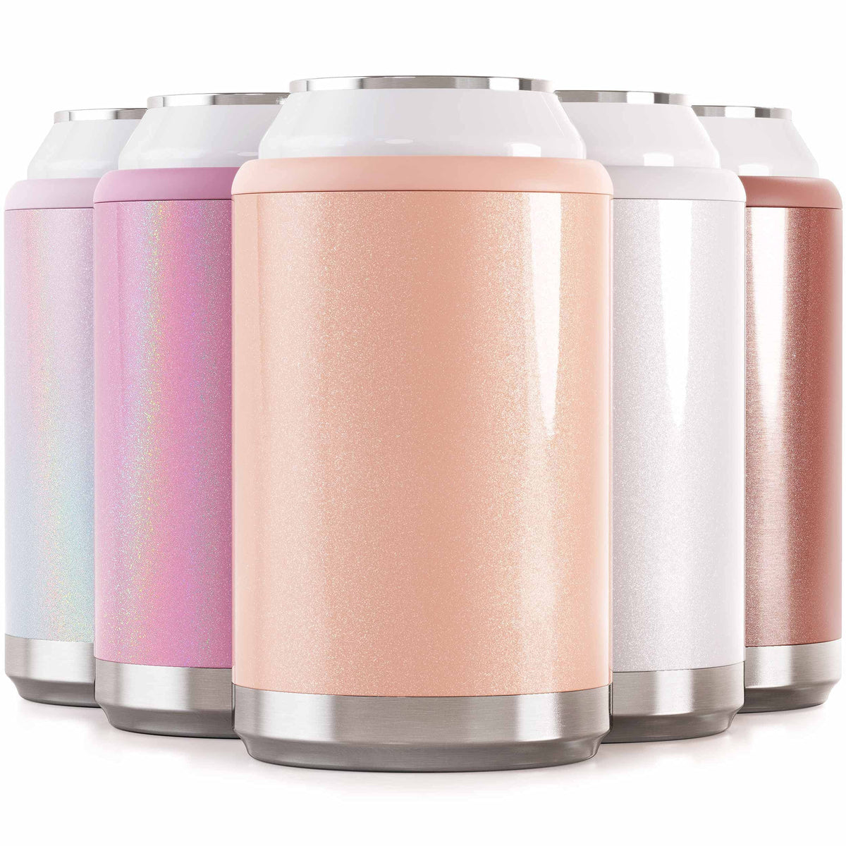Maars Standard Can Cooler blush glitter side view keeps beverages cold on the go.