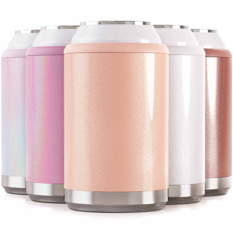Maars Standard Can Cooler blush glitter side view keeps beverages cold on the go.