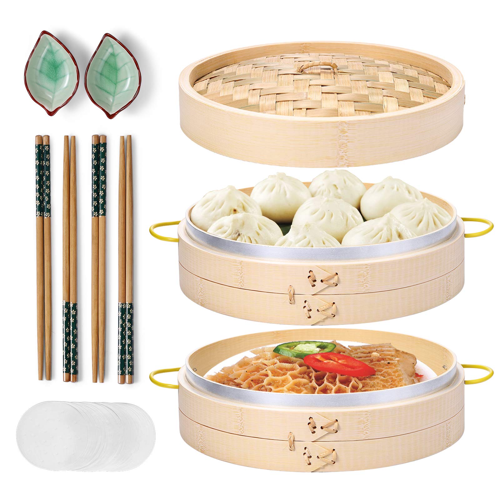 MacaRio bamboo steamer basket 10 inch with two tiers for even steaming