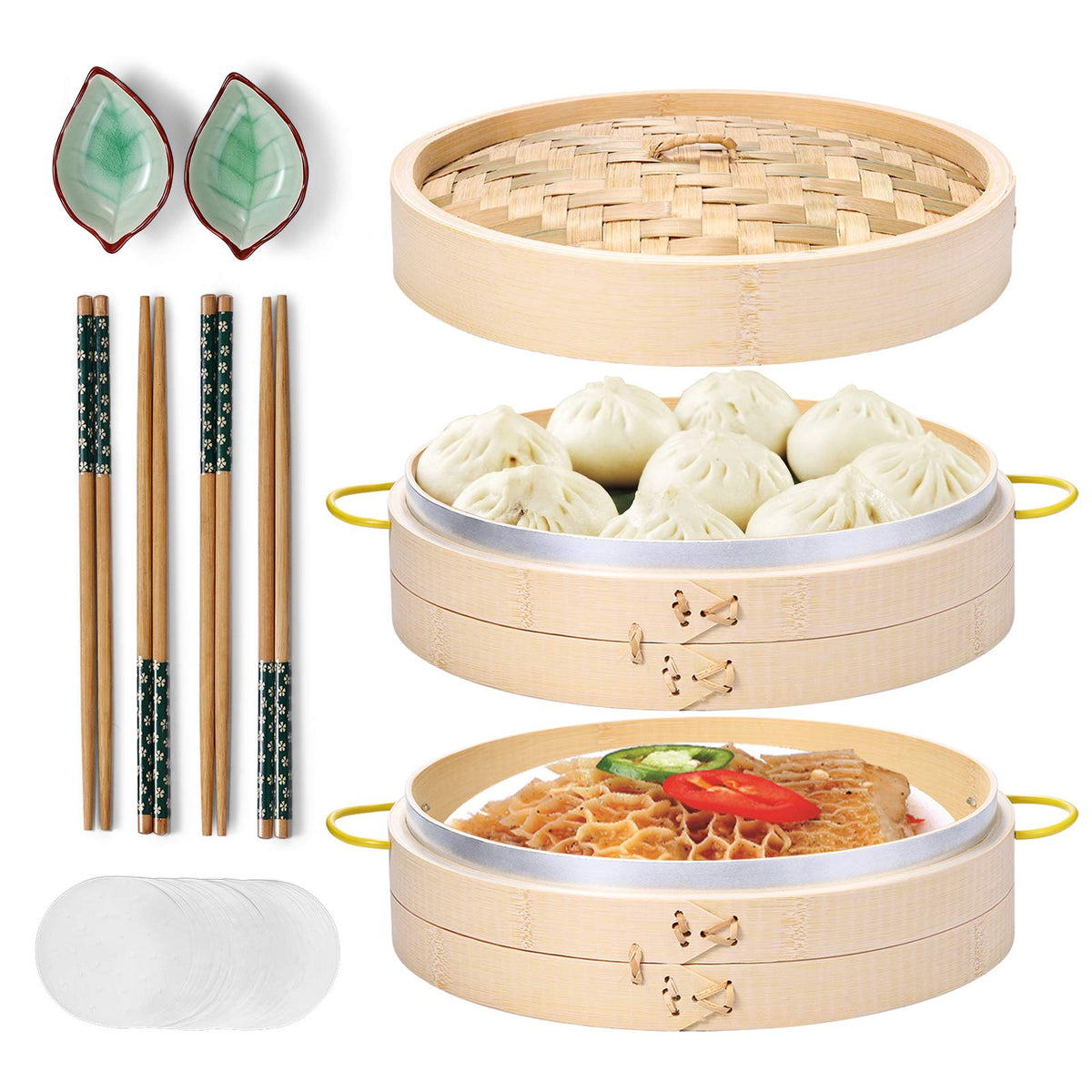 MacaRio bamboo steamer basket 10 inch with two tiers for even steaming
