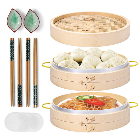 MacaRio bamboo steamer basket 10 inch with two tiers for even steaming