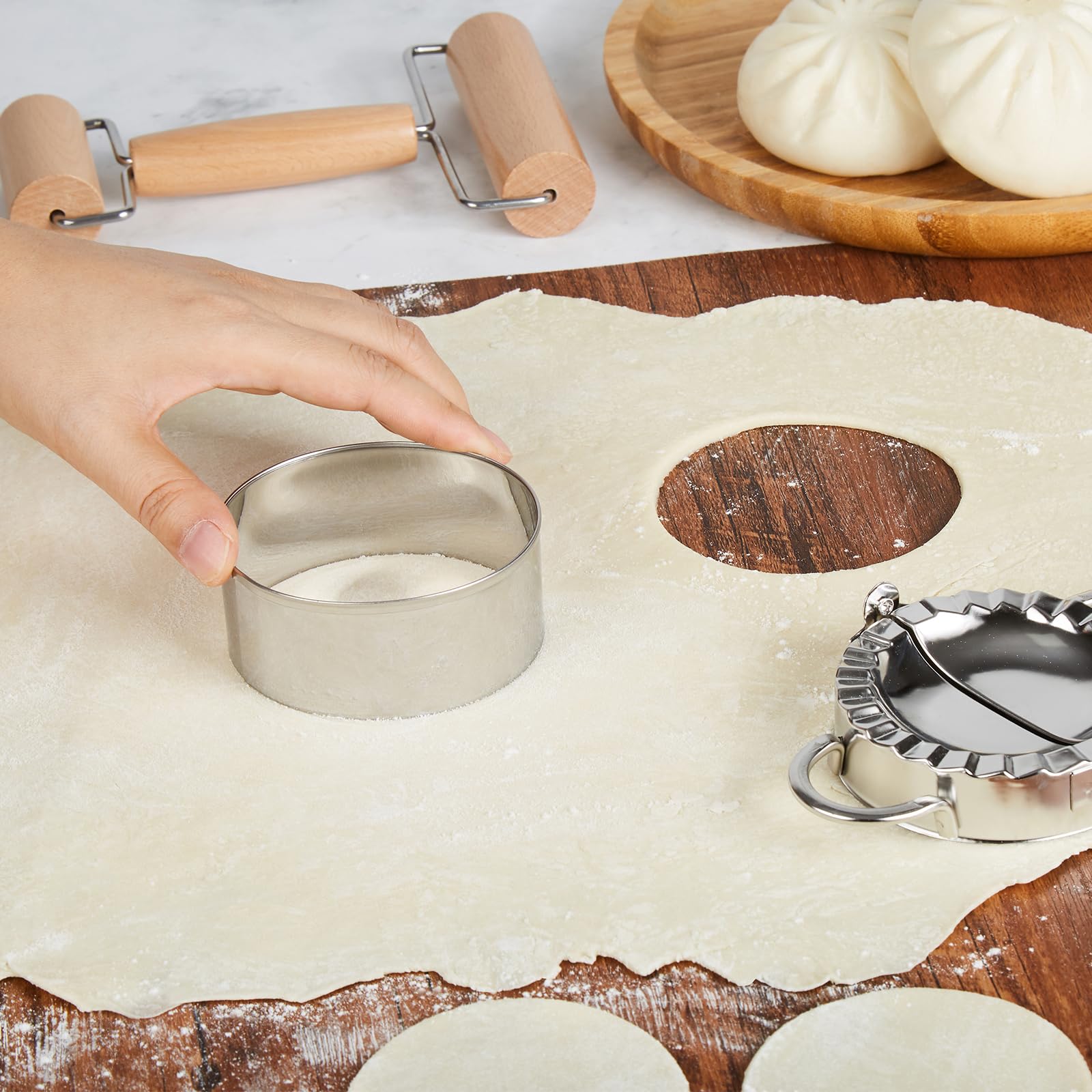 MacaRio stainless dumpling skin cutter for precise, even wrappers.
