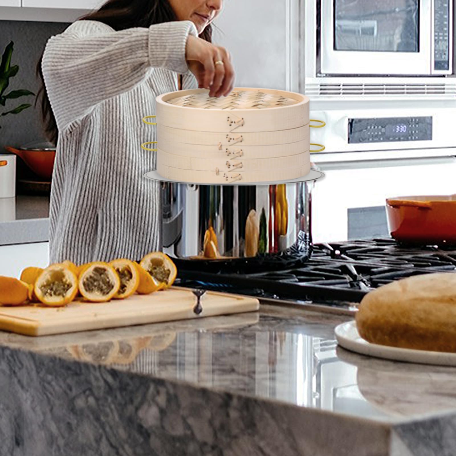 MacaRio domed lid traps steam for even cooking