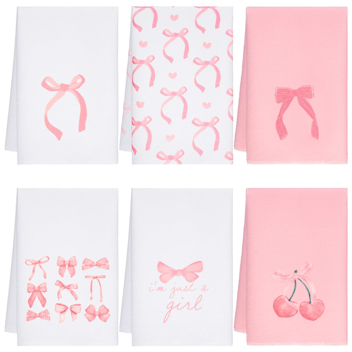Macarrie pink bow hand towels - 6-pack for kitchen and bath use.