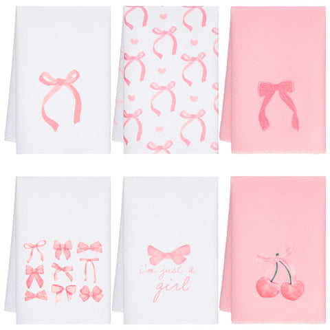 Macarrie pink bow hand towels - 6-pack for kitchen and bath use.