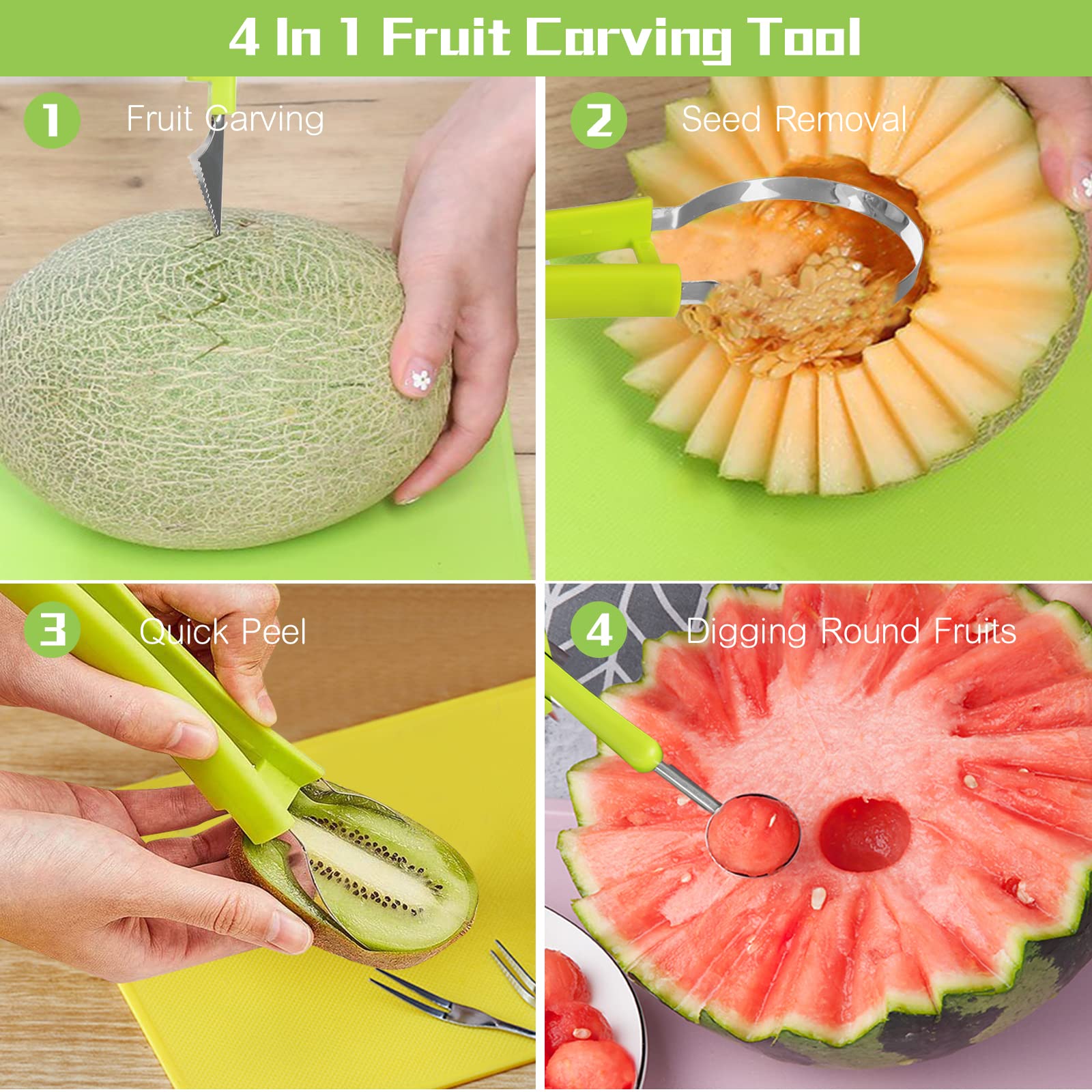 Machomby 4-in-1 fruit scooper kit demonstrates versatile slicing and peeling.