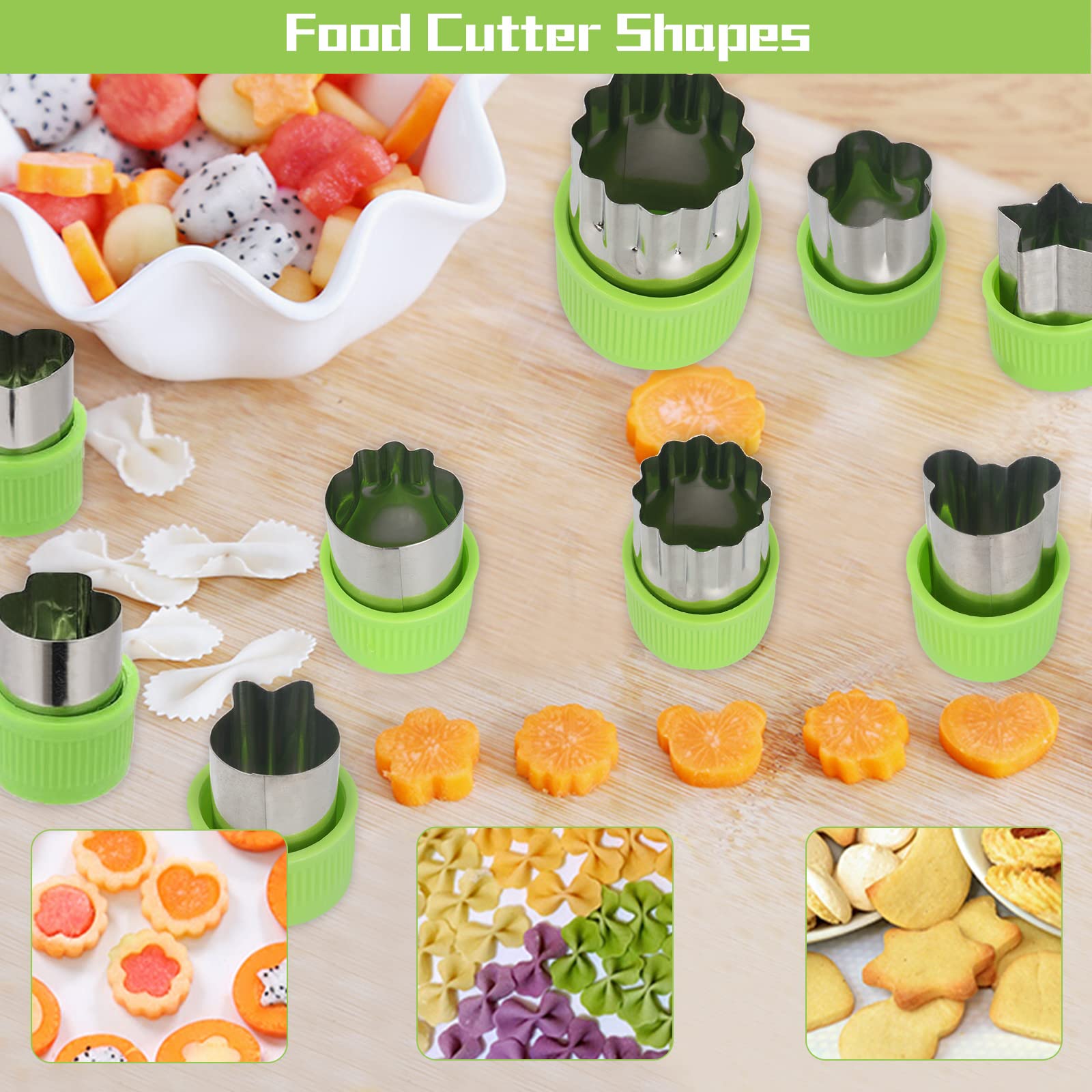 Machomby nine-piece fruit cutter shapes enable cute fruit presentations.