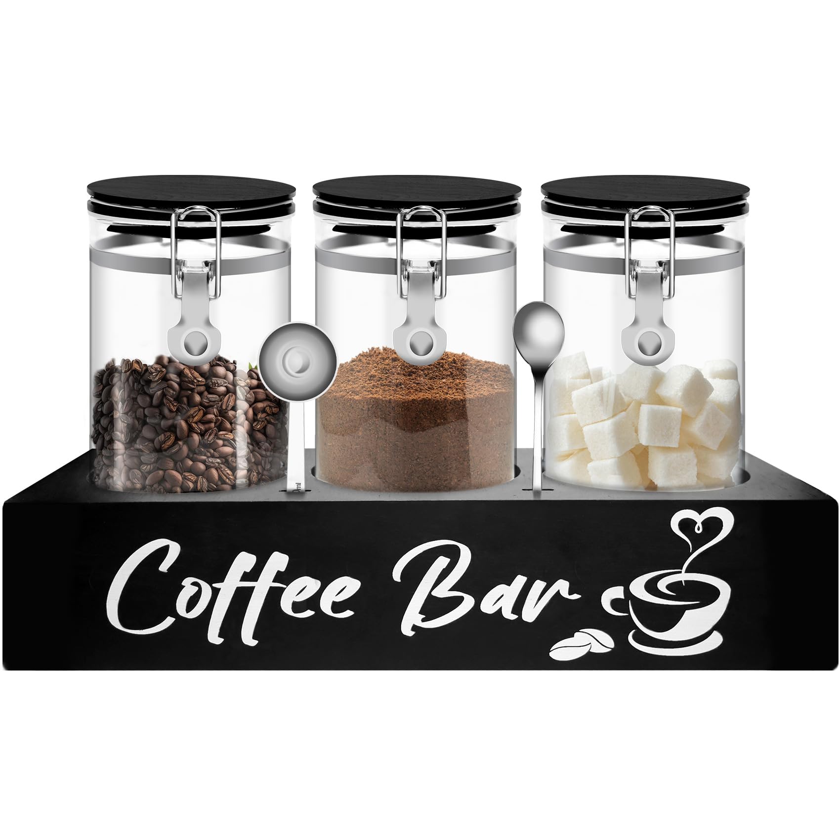 MACIFECI glass coffee containers with shelf keep beans organized on a stylish black display