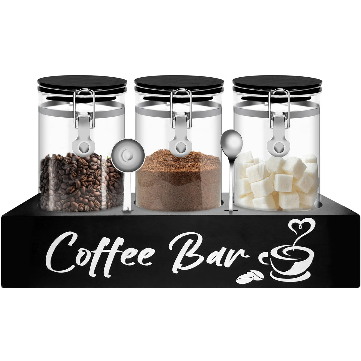 MACIFECI glass coffee containers with shelf keep beans organized on a stylish black display