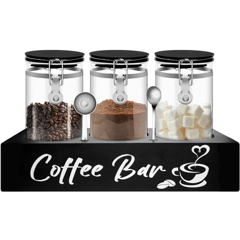 MACIFECI glass coffee containers with shelf keep beans organized on a stylish black display