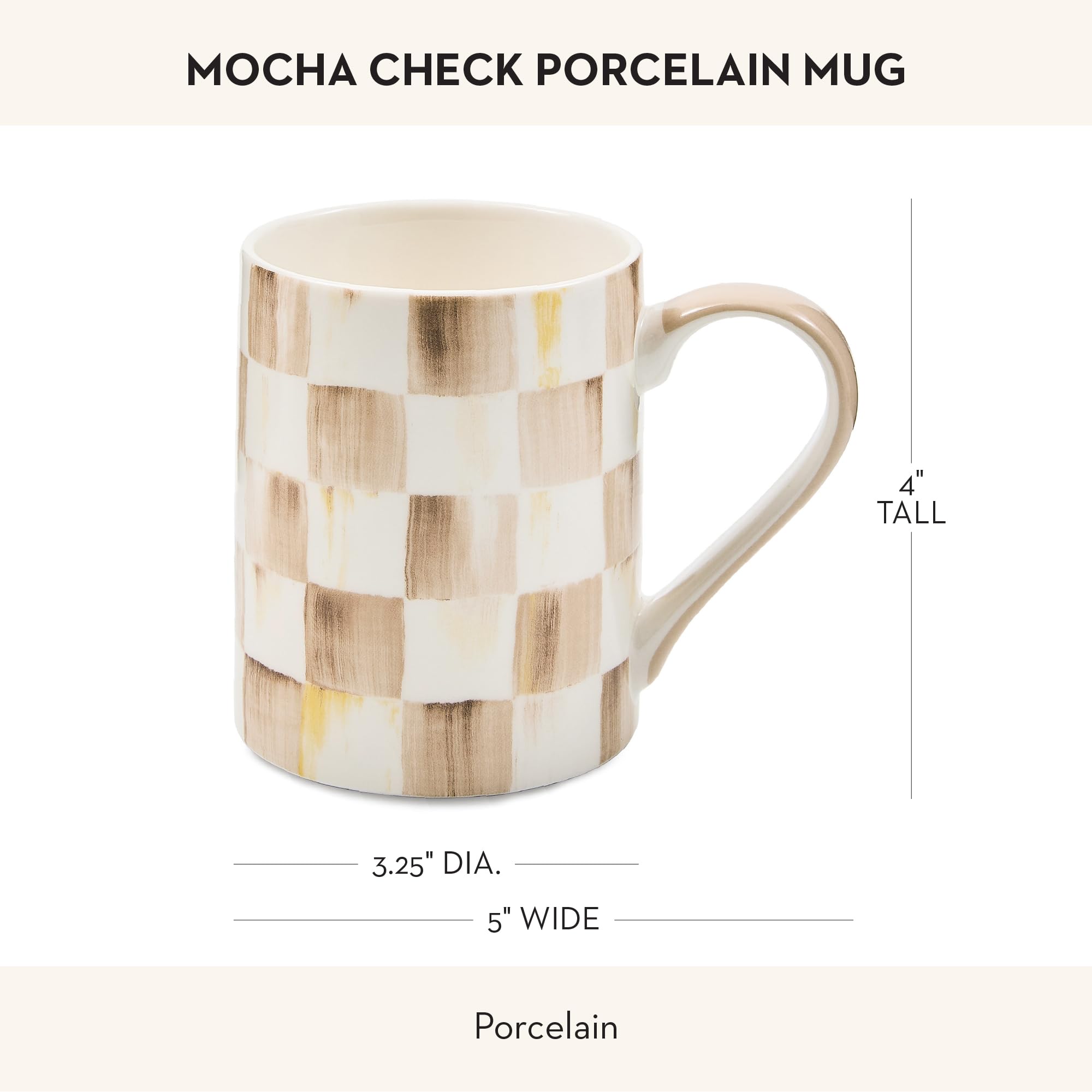 MacKenzie-Childs mug with solid brown handle.