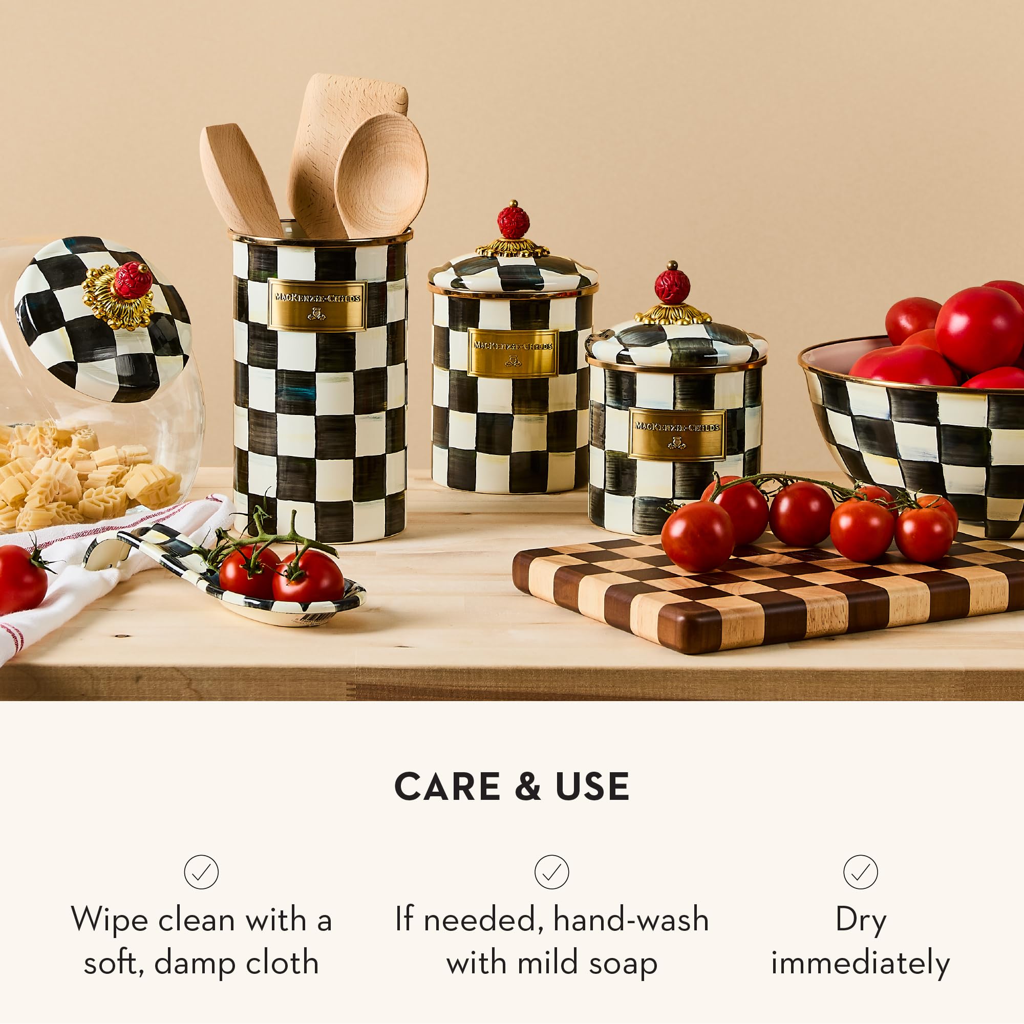 Mackenzie-Childs canister with faux-cinnabar knob offers a tactile, elegant touch.