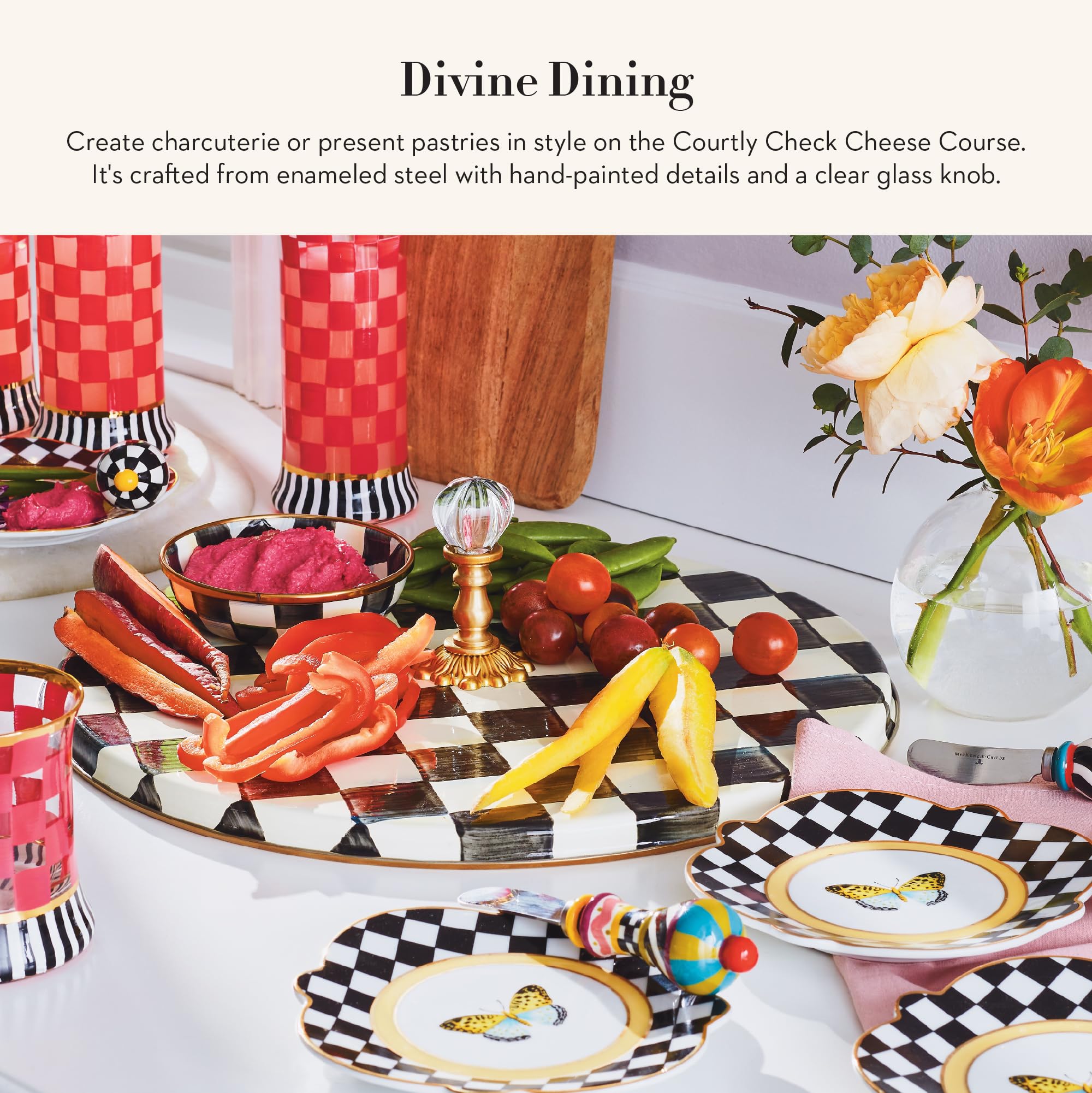 MacKenzie-Childs Cheese Course Courtly Check pattern adds distinctive style to gatherings.