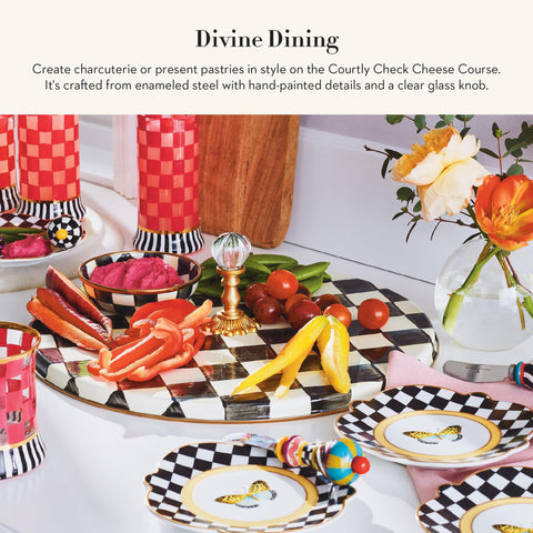 MacKenzie-Childs Cheese Course Courtly Check pattern adds distinctive style to gatherings.